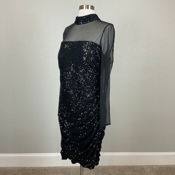 Eliza J Women's Sequined Long Sleeve Midi Sheath Cocktail Dress Black Size 8 - Picture 6 of 13